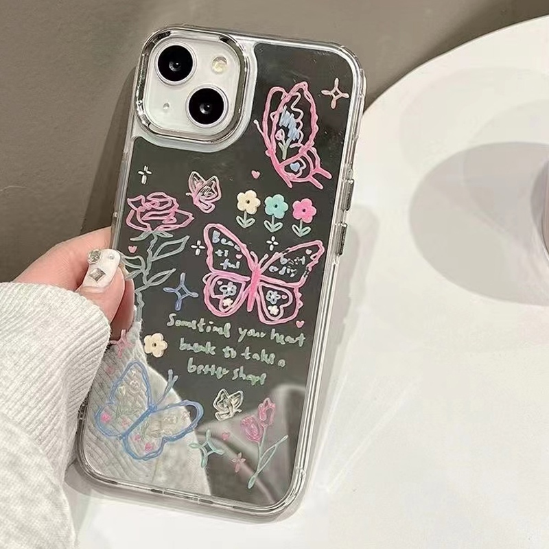 IPhone Casing kupu-kupu Casing HP Kawaii Spiegel Mirror Case Untuk iPhone 11 13 XR XS 7Plus 8Plus-FE