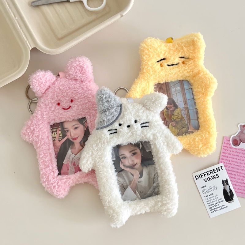 

Cute Cat Rabbit Plush Photocard Holder Kpop Idol Photo Sleeve Protective Case Student ID Card Cover With Keychain Pendant