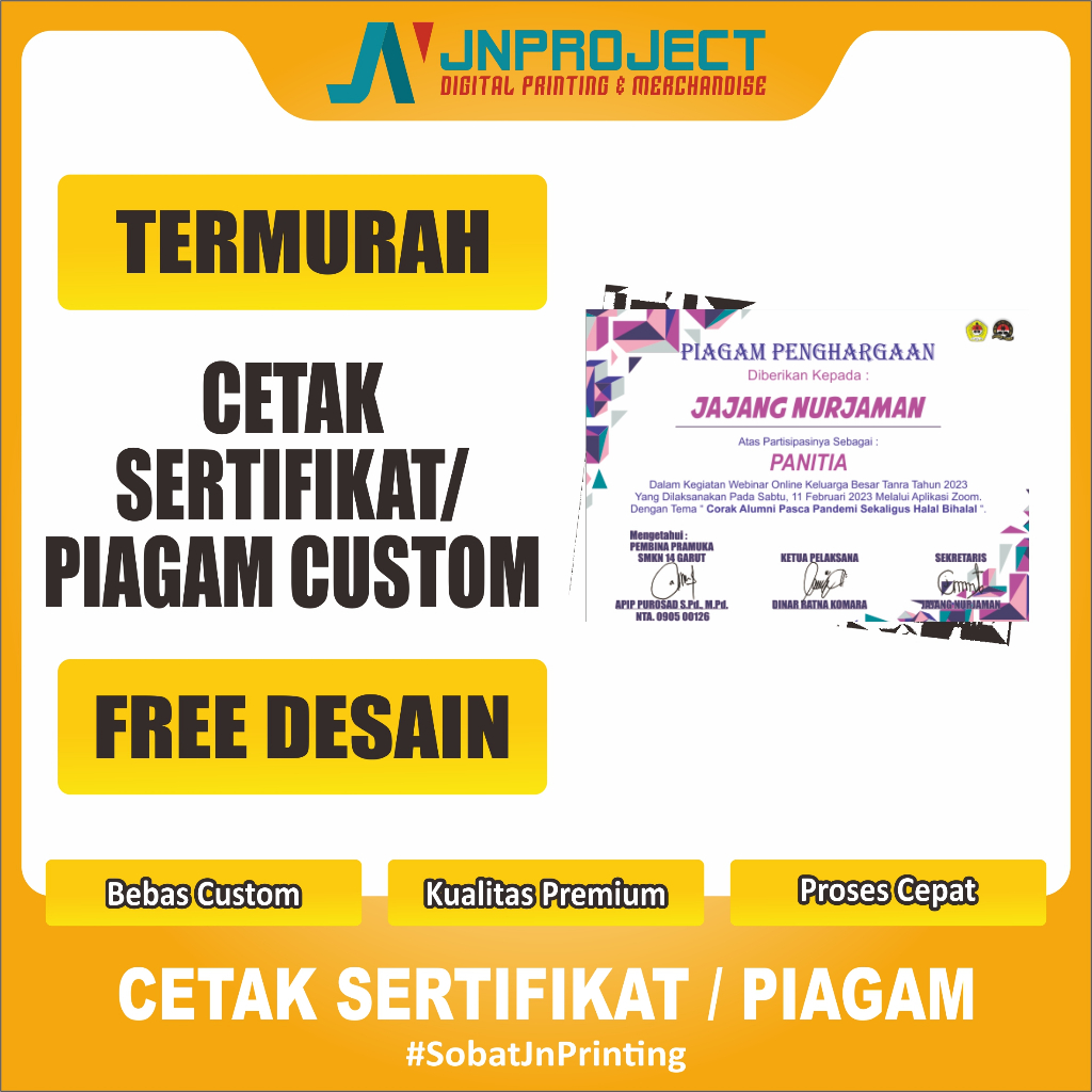 

Cetak Sertifikat / Piagam Custom Murah Free Design