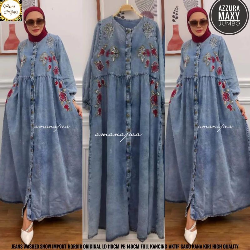 GAMIS WANITA BAHAN JEANS UKURAN SUPER JUMBO LD 110 DAN LD 130 CM AZZURA GAMIS JEANS WANITA BY AMANAJ