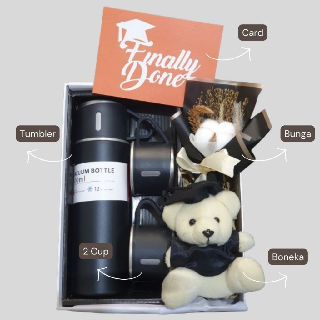 

kado wisuda tumbler hadiah sidang graduation gift dry flower hampers boneka