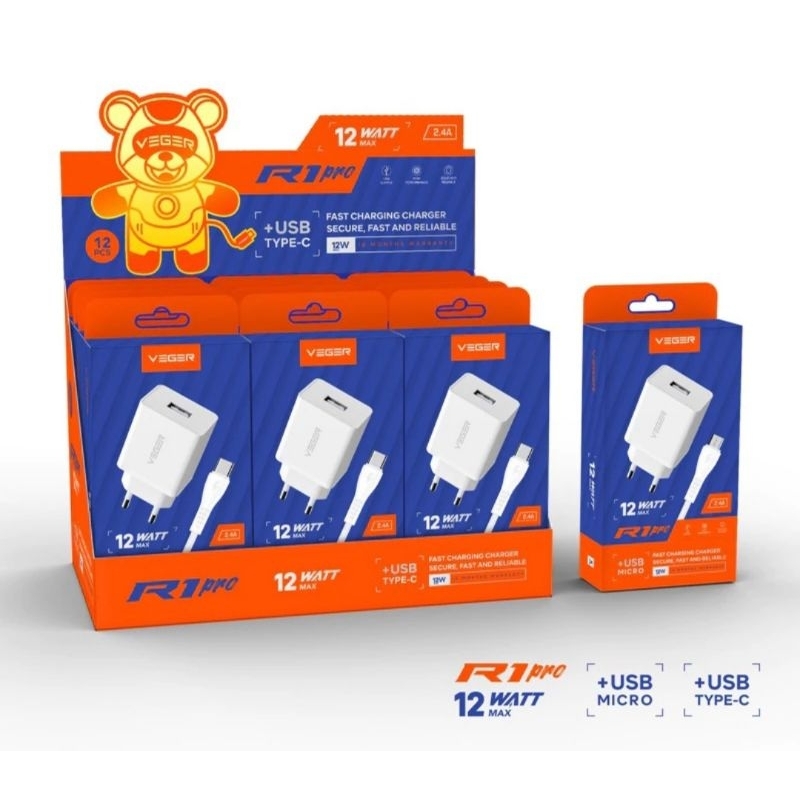 VEGER R1 PRO / CHARGER VEGER R1 PRO 12W 2.4A KABEL MICRO USB / TYPE C ORIGINAL