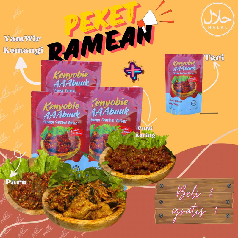 

PAKET RAMEAN (3 dapat 4)sambal paru,sambal teri,sambal yamwir,sambal cumi