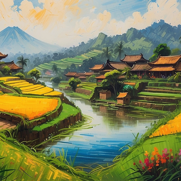 Lukisan Pemandangan Alam Desa Nan Asri