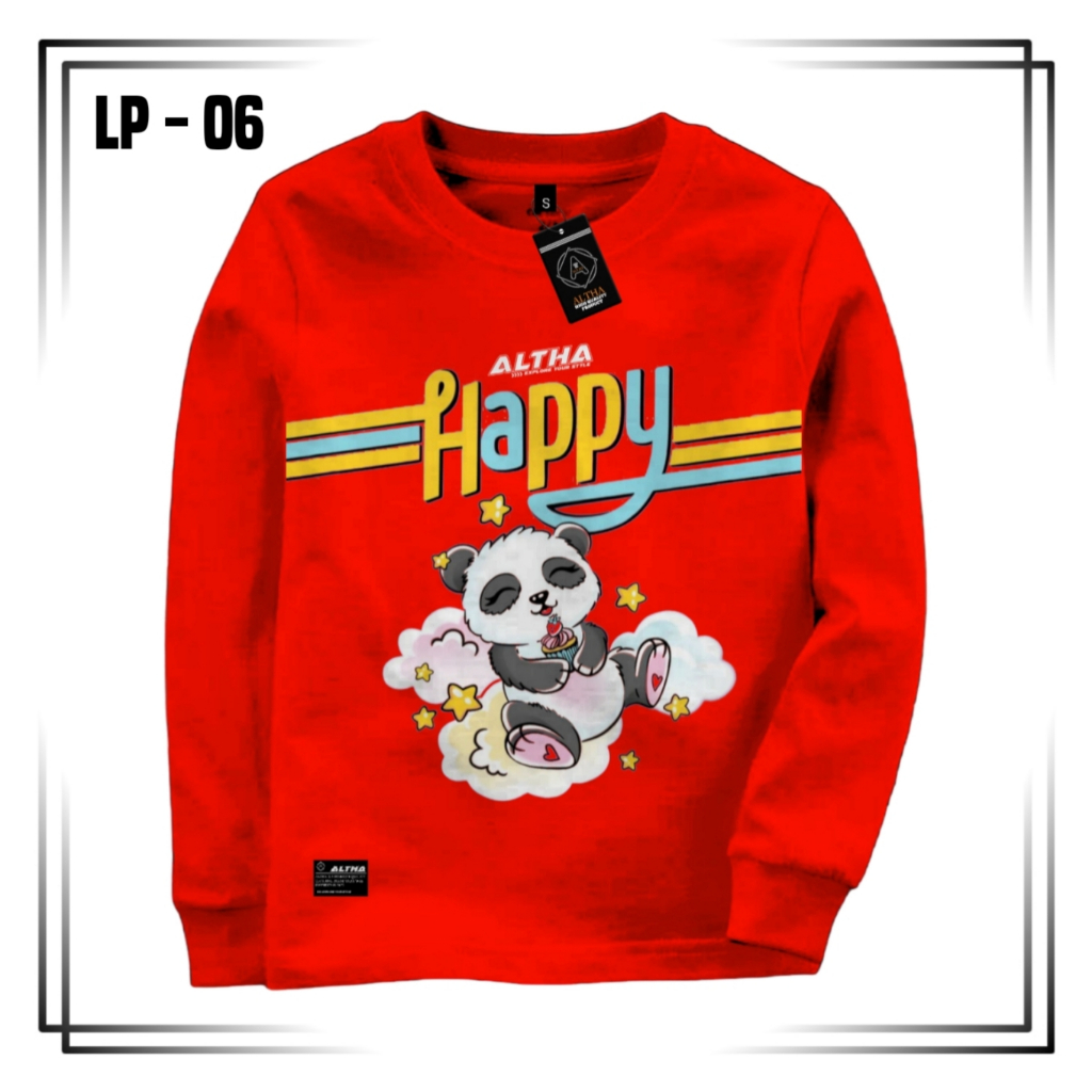 (COD) BAJU ANAK PEREMPUAN LENGAN PANJANG HAPPY PANDA CODE LP 06 MERAH ALTHA || KAOS DISTRO ANAK LENG