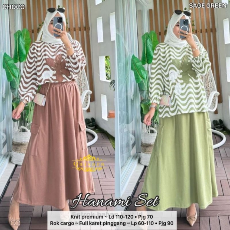 {Realpict} Hanami set rok kaos knit one set wanita muslim setelan rok muslim terbaru 2024