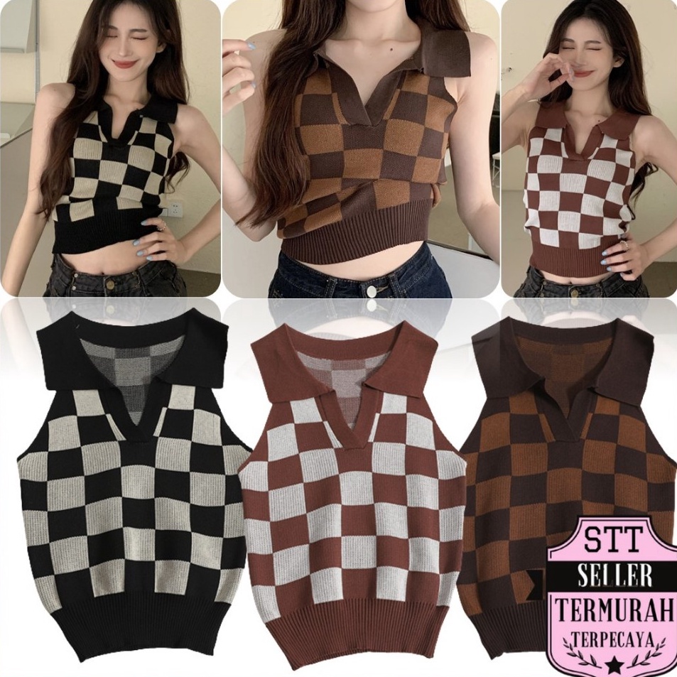 Hemat STT Baju Crop Wanita Korean Diamond Kode 6859 Plaid Knit Vest Crop Top Rompi Rajut Korea V Nec