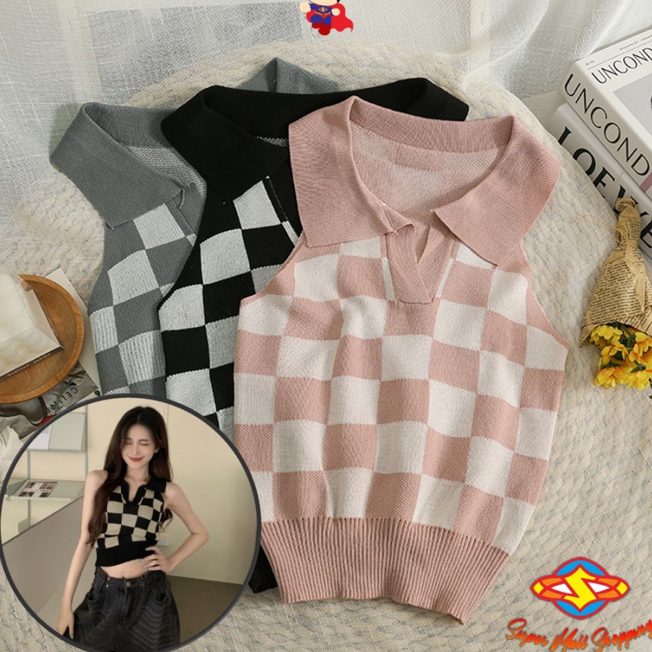 Dapatkan SMS Baju Crop Wanita Korean Diamond Kode 6859 Plaid Knit Vest Crop Top Rompi Rajut Korea V 