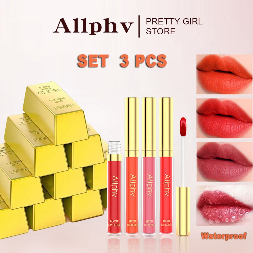 【BPOM】Allphv 3 PCS Set gold Mattle lip gloss lipstik Tahan air.tahan lama.isi 3 lipstick