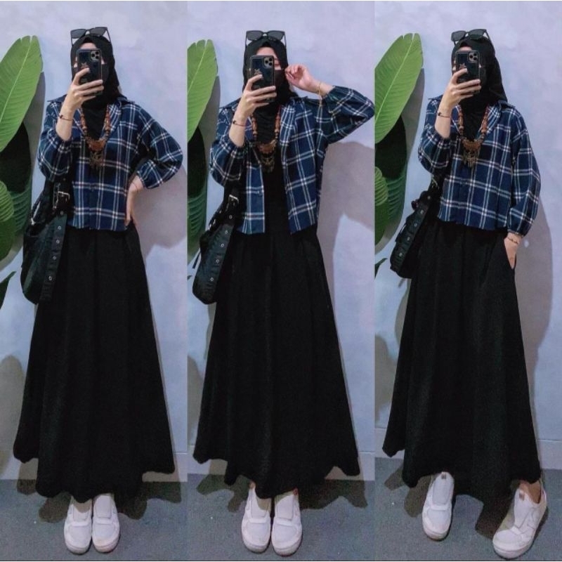 Flanella Set Rok warna biru Dongker merah marun hitam motif kotak kotak navy maroon black hitam biru