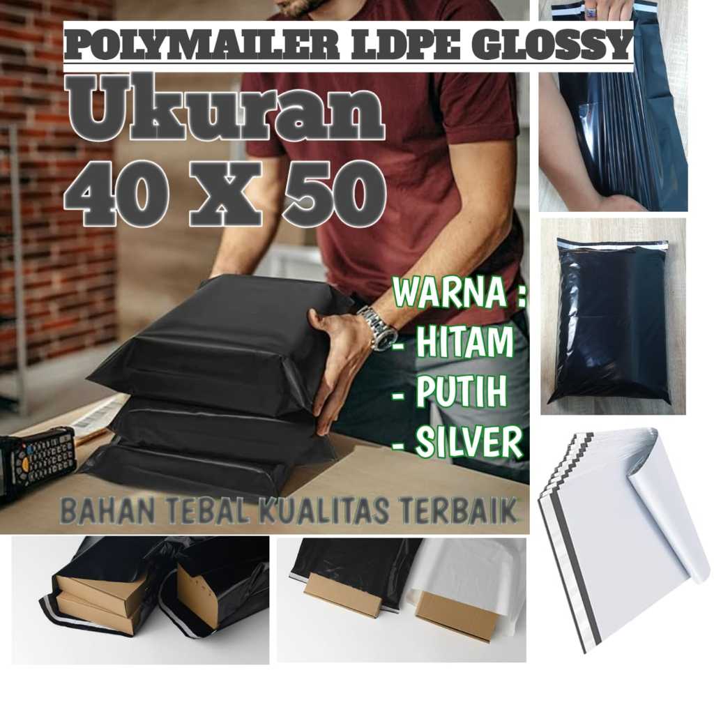 

Kantong Packing LDPE POLYMAILER Besar 40X50 100 Pcs Warna Hitam - Putih - Silver Glossy