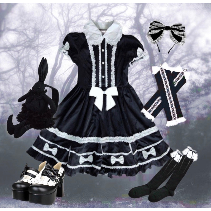 [Bodyline] Gothic Lolita Kerah Kawaii Bulat Goth Babydoll Harajuku Gothic Elegant French Dress in Bl