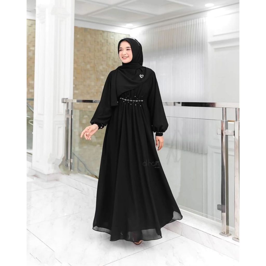 Erika Set Dress + Pashmina Ceruty Gamis Wanita Terbaru 2024 Lebaran Dress Kondangan Wedding Mewah
