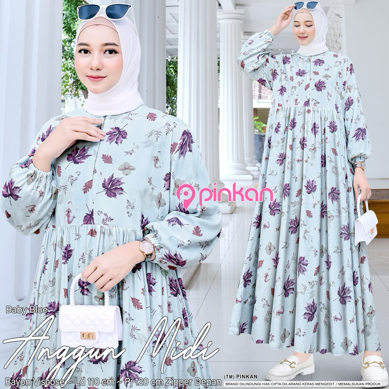 Gamis Maxy Midi Dress Rayon Motif Bunga Midi Premium Baju Muslim Dewasa Perempuan Terbaru 2024 Dress