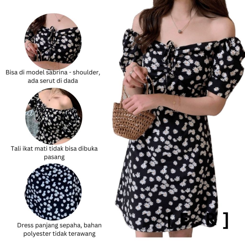 Dress Selutut Korea/Dress Pendek Korea/Dress V-Neck Lengan Pendek Motif Bunga Daisy Gaya Korea