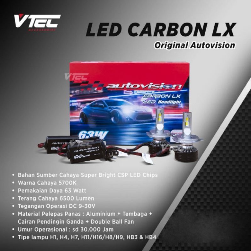 LED Carbon LX Autovision 63 Watt 5700K 9-30V H1 H4 H7 H8 H9 H11 H16 HB3 HB4 Garansi 1 Tahun