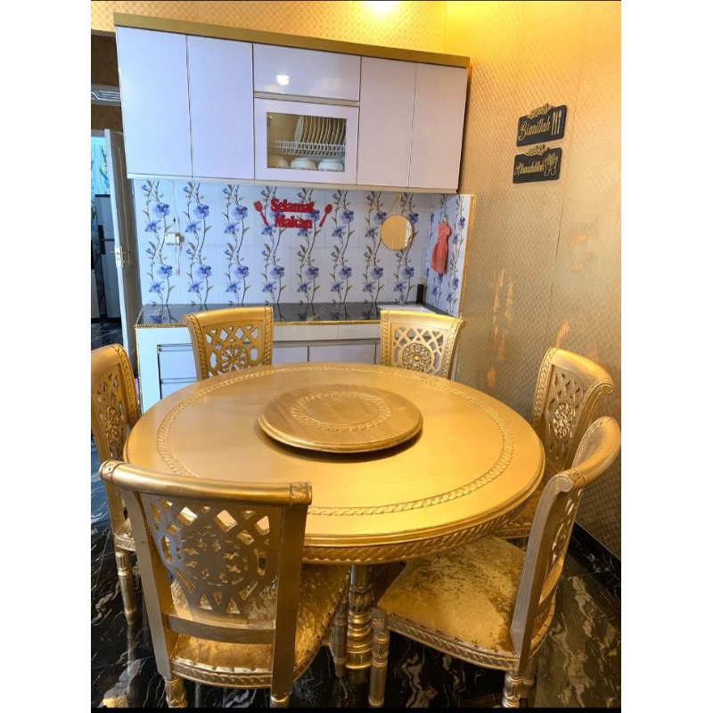 meja makan bundar kursi 6 kayu jati