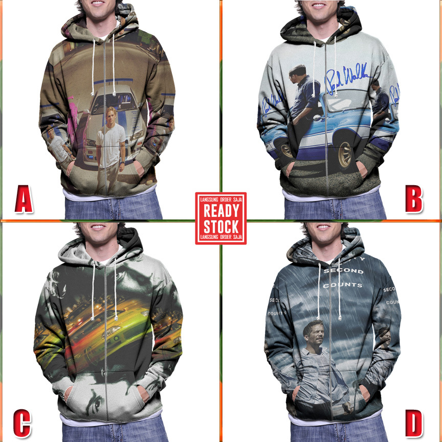 Ritsleting Hoodie Paul Walker Fast Furious Hoodie Zipper Fullprint Bahan Polyester Jersey