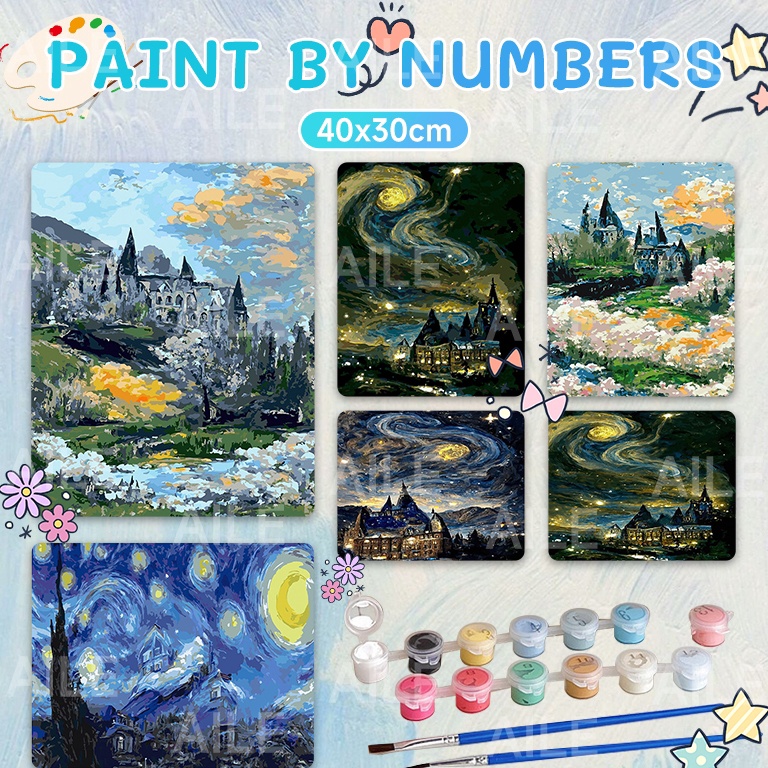 

DIY Paint By Numbers Kit 1 Set Number Canvas Board Kanvas Alat Lukis 34CMWith Frame Van Goghs Hogwarts Handmade Hanging Painting ART U5P8