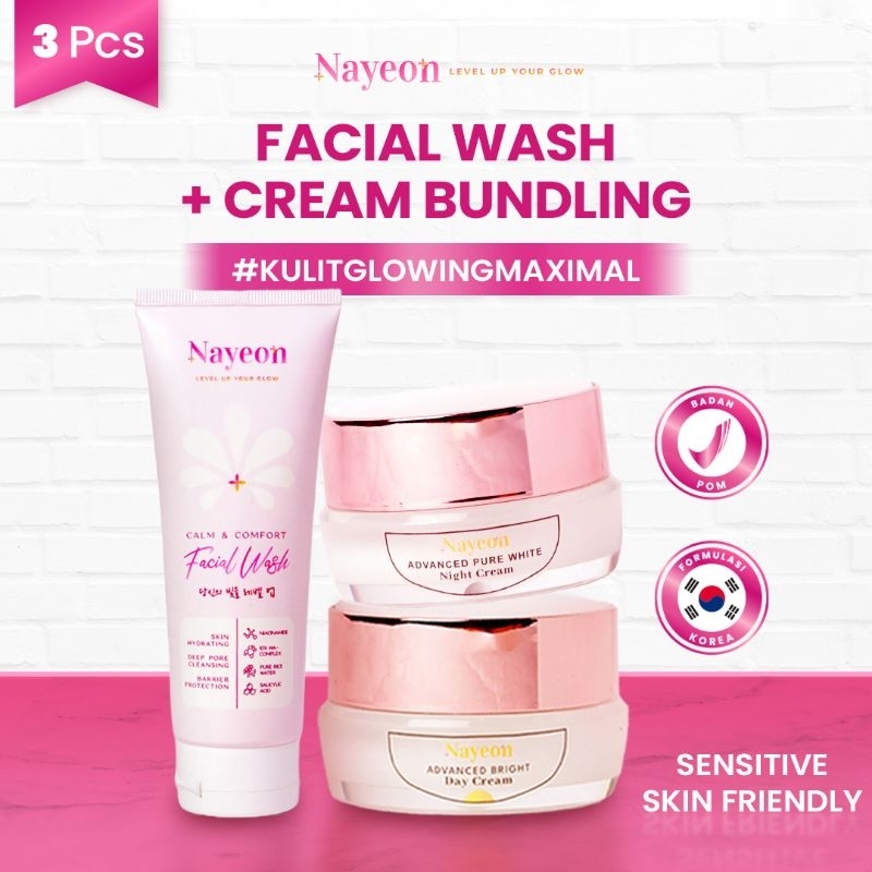nayeon skincare koerea 3pcs paket glowing, nigth cream + day cream + facial wash