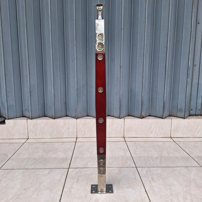 Tiang railing tangga dobel plat kombinasi kayu model jari² / railing tangga stainless  minimalis