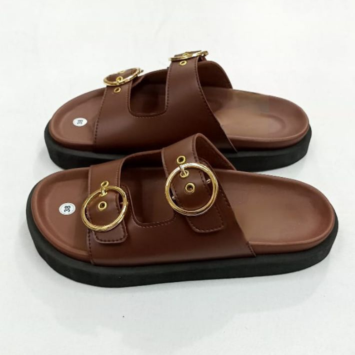 Sandal Flat RIng Brown Wanita Ukuran Jumbo Besar Big SIze 41 42 43 44