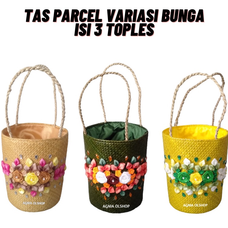 ART G23R Tas Parcel Bunga Isi 3 Toples Keranjang Hampers Anyaman Pandan Tas Hampers Lebaran Keranjan