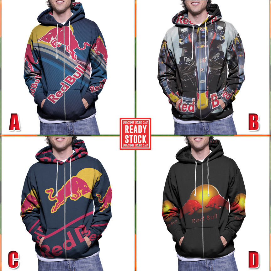Ritsleting Hoodie Red Bull Hoodie Redbull Zipper Fullprint Bahan Polyester Jersey