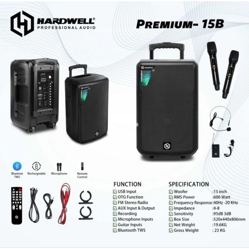Speaker Aktif Portable 15 Inch HARDWELL Premium 15B With Bluetooth TWS System Original TERBAIK