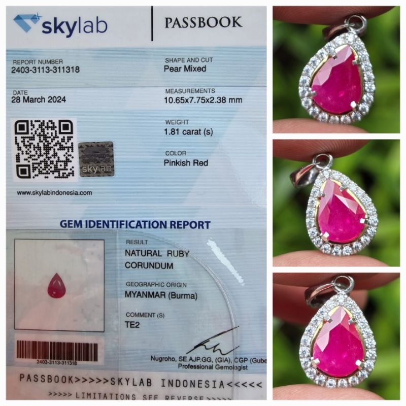Liontin Natural Ruby Burma Myanmar Sertifikat 1.81 crt