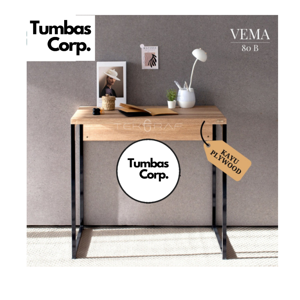 Meja Belajar Kerja Kantor Kayu Kaki Besi Tahan Air Serbaguna Vema 80 - Hitam