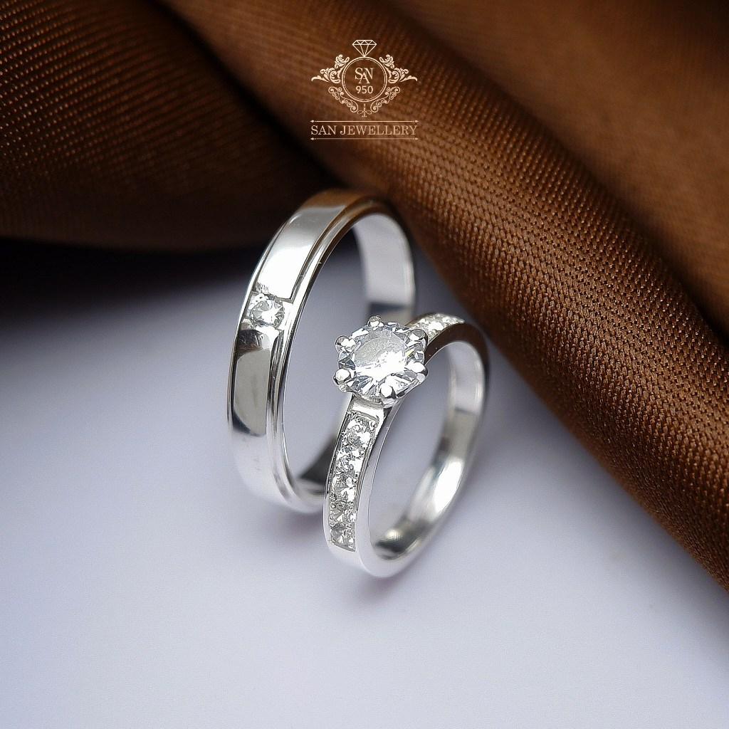 SAN950 Cincin Nikah Tunangan Kawin Couple Custom Emas Putih Premium | Free Box Elegan C411