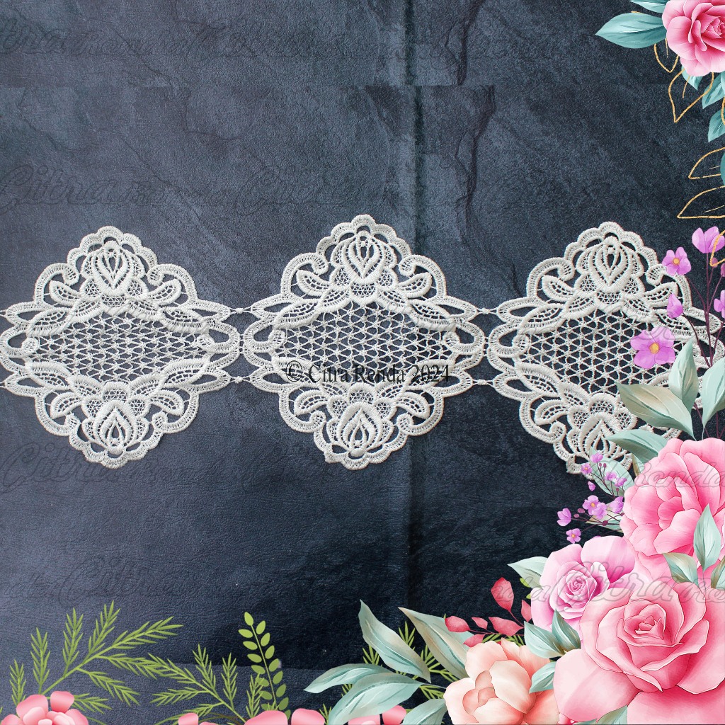 (Per Meter) RDB431 Renda Bordir Prada Cantik / Patch Bordir Broken White Lebar 20Cm