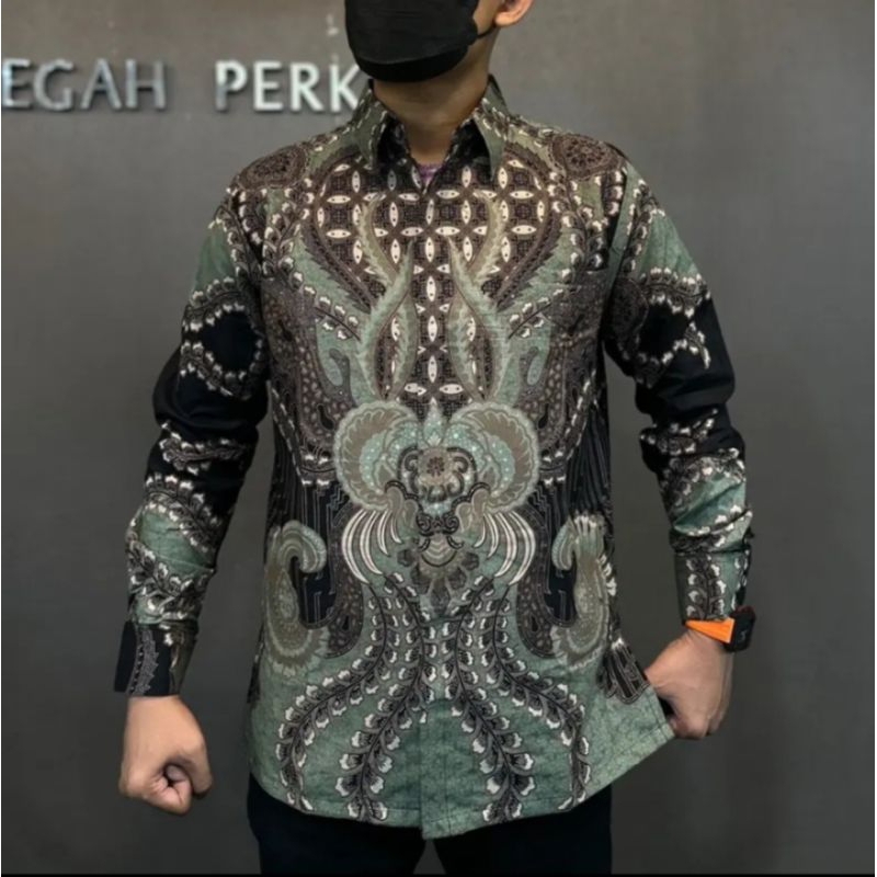 STYLEBATIK Kemeja Batik Slimfit full furing katun motif ABIMANYU SAGE GREEN
