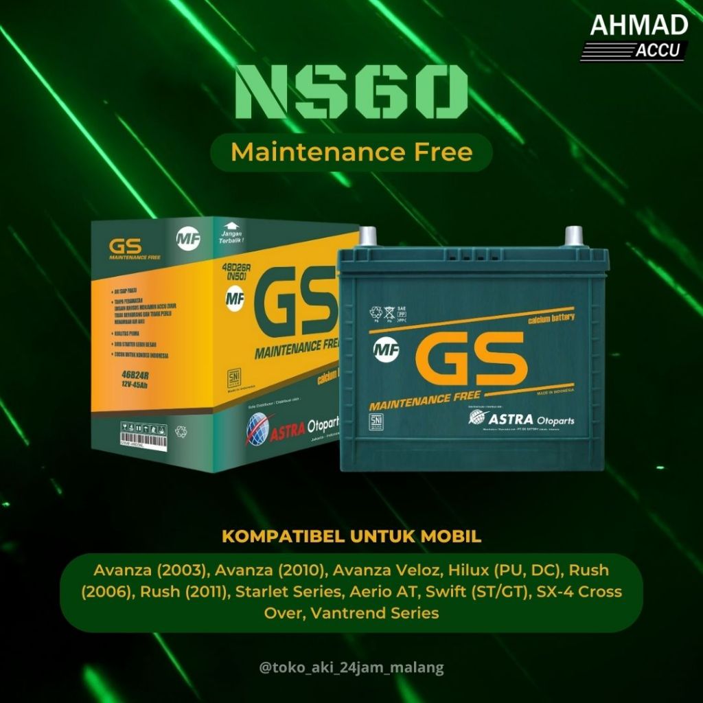 Aki Mobil GS ASTRA MAINTENANCE FREE (M/F) NS60/45AH Kompatibel untuk mobil Avanza (2003), Avanza (20