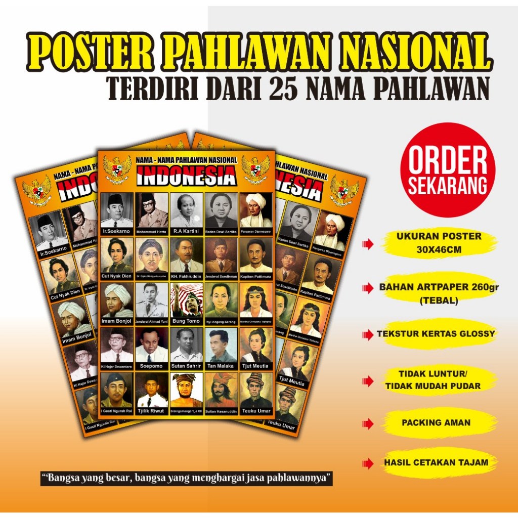 Poster nama pahlawan nasional - poster edukasi anak - poster pahlawan