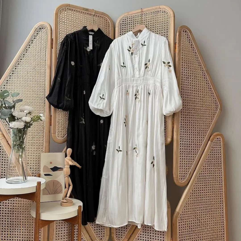 Mimi midi dress shimer bordir muslimah terbaru hitam putih