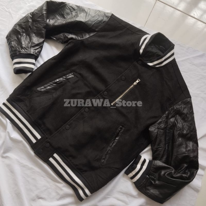 Jacket GU GLOBAL UNIQLO Varsity Lengan Kulit Casual Vintage Sport Bikers Motor Outdoor Original