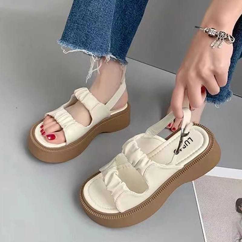 wedges sandal cewek sol tebal sandal wanita tali kerut RA08