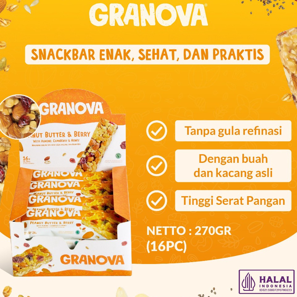 

Pasti Tertarik Granova Snackbar Peanut Butter Berry 26gr x 16 pcs Rasa Selai Kacang Beri Cemilan Sehat Gandum Halal