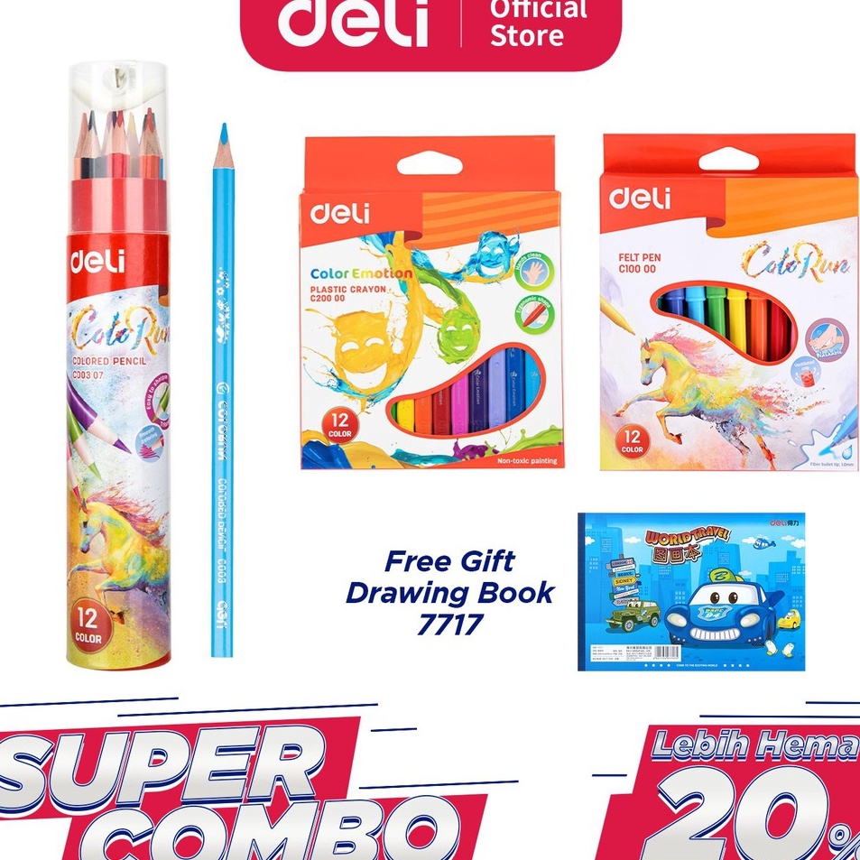 

Spesial Khusus Deli Combo Set 3 Crayon Felt Pen Pensil Warna Serba 12 Warna Gratis Buku Gambar