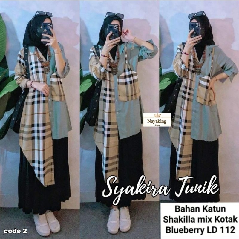 Syakira Long Tunik Katun Shakila Polos mix Kotak