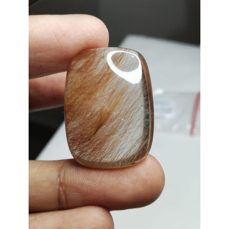 Natural Golden Rutilated Quartz 32x23x6 mm 46.2 Ct Kecubung Serat Cendana Emas Kristal Cushion Caboc