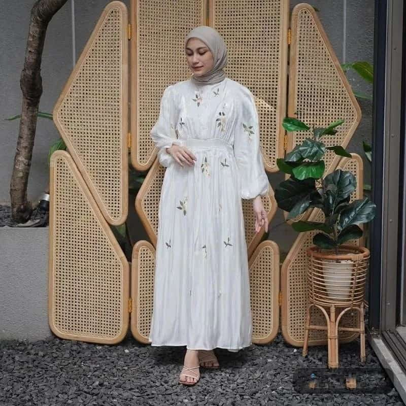 Midi Dress wanita Bahan Shimmer Mix Bordir Ukuran Jumbo LD 110 Vania Dress Warna Putih Dress Midi Untuk Pesta Kondangan Bahan Adem Dan Nyaman Outif Muslim Dress wanita Remaja kekinian 2024