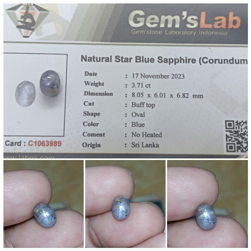 Natural Star Blue sapphire Ceylon 3,8 ct Tajam Memo GLI