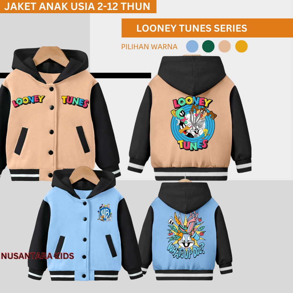 JAKET ANAK LOONEY TUNES LAKI LAKI DAN PEREMPUAN VARSITY HOODIE PEREMPUAN USIA 2-12 TAHUN
