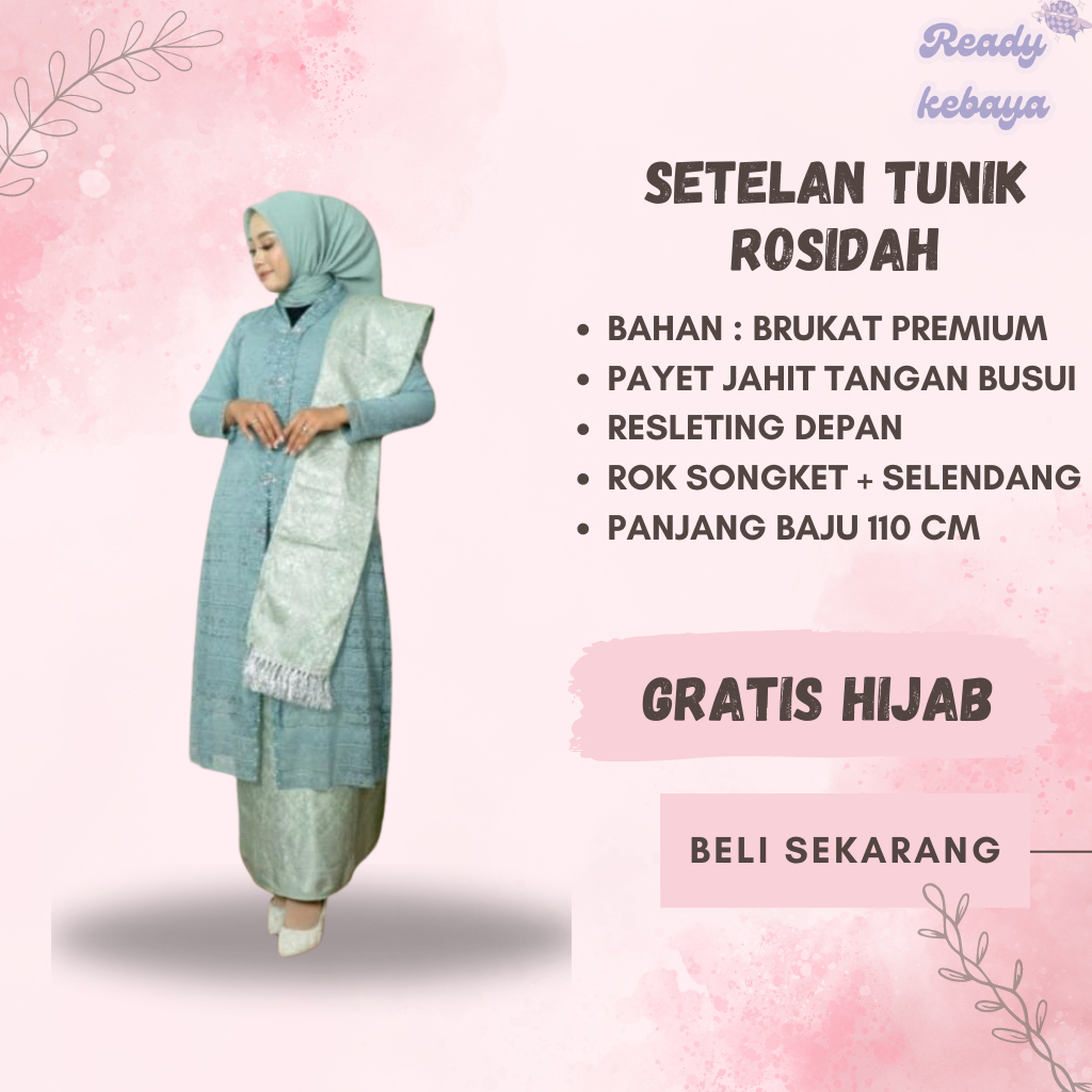 Setelan Tunik Rosidah Rok Songket + Selendnag bahan Brukat Premium Gratis Hijab M L XL XXL / Kebaya 