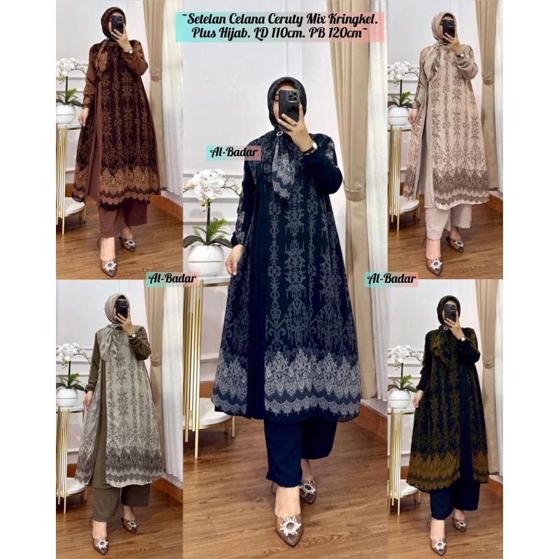 Setelan Long Tunik Bahan Ceruty Mix Kringkel Ld 110 Cm Pb 125 Cm Pc 90 Cm