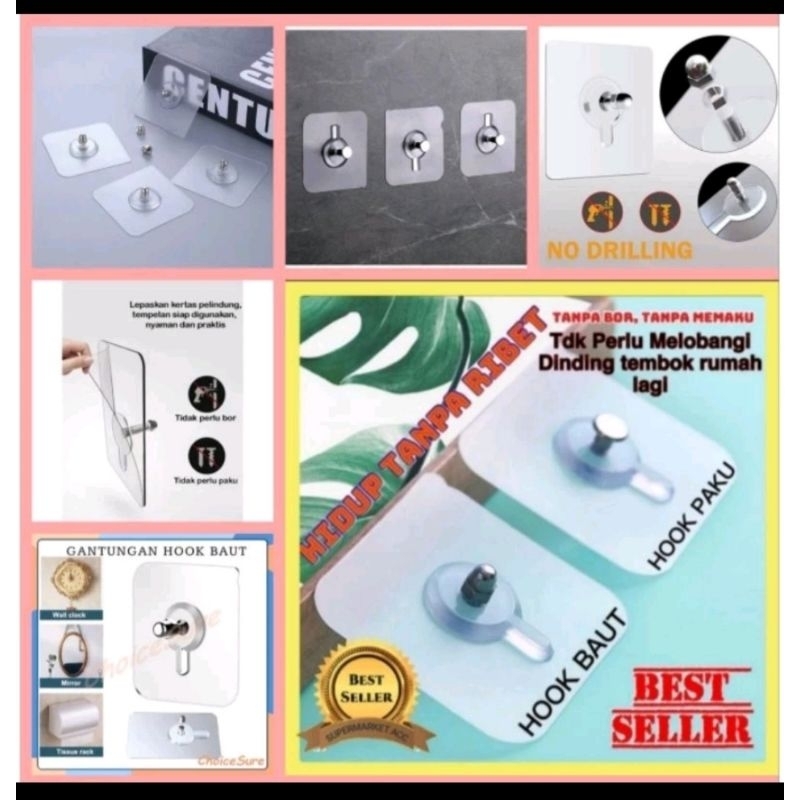 HOOK PAKU TEMPEL, perekat kuat tanpa bor