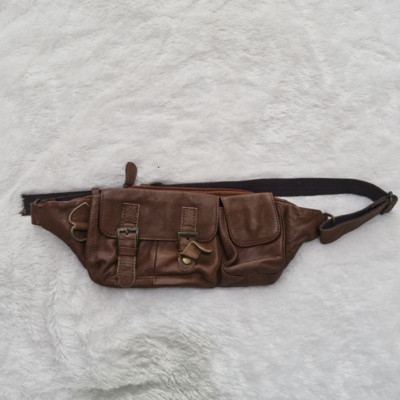 Tas waist bag wb kulit asli dark brown